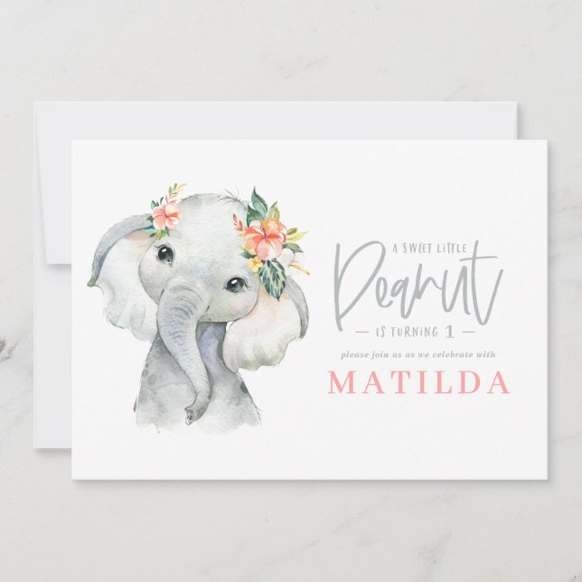 Festa de aniversário de menina elefante de aquarel (Frente)