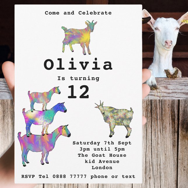 Festa de aniversario de meninas de Caprinos Gelado (Cute goats colorful farm animal art 12th birthday party invitation)
