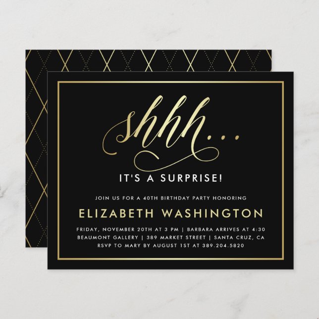 Festa de aniversário de Surpresa Dourada e Preta d (Frente/Verso)