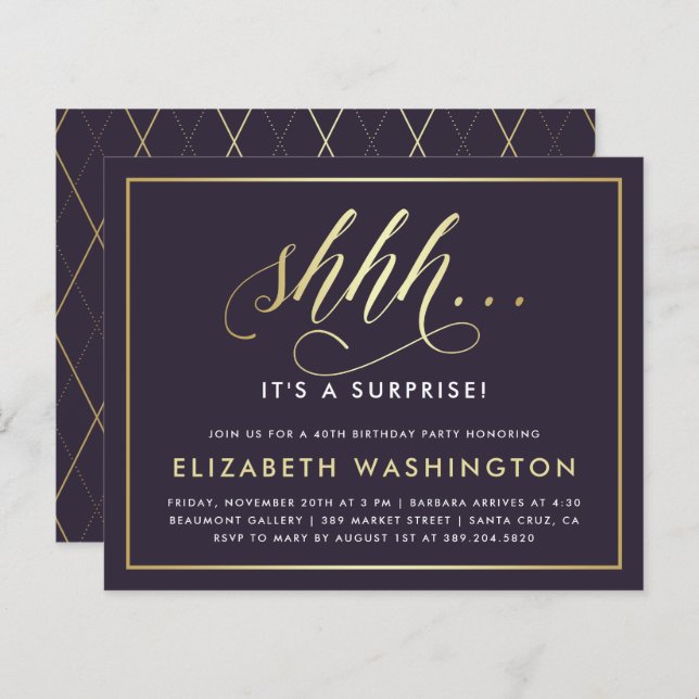 Festa de aniversário de Surpresa Dourada e Roxa de (Frente/Verso)