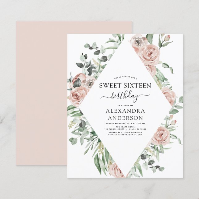 Festa de Aniversário de Sweet Sixteen Rosa Empoeir (Frente/Verso)