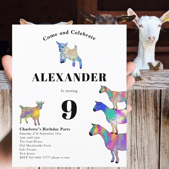 Festa de Aniversário Divertida com Tema de Cabra (Cute goats colorful farm animal art 9th birthday party budget invitation )