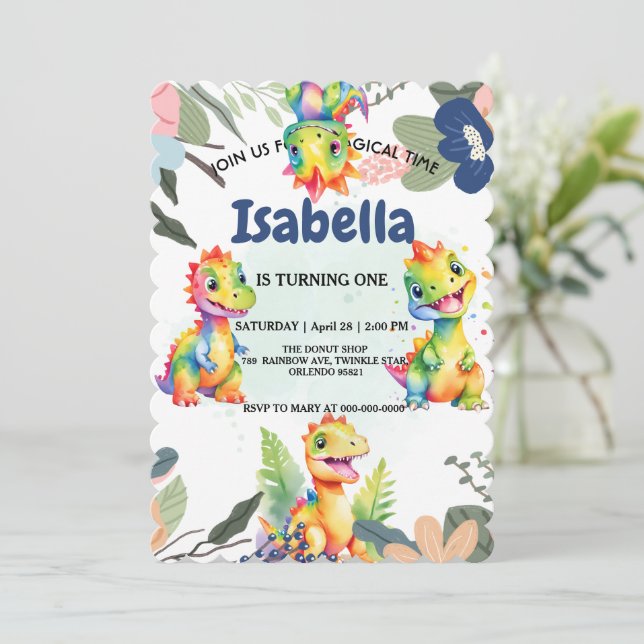 Festa de Aniversário Feliz do Dinossauro Floral (Em pé/Frente)