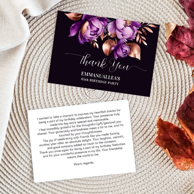 Festa de aniversário obrigado você púrpura modelo (Birthday party thank you card purple peonies rose gold flowers template thank you card)