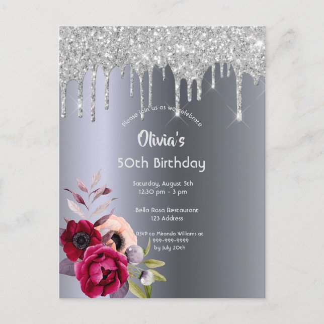 Festa de aniversário prata brilhante convite flora (Frente)