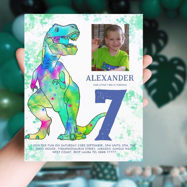 Festa de aniversário T-Rex Dinossauro Orçamento de (T-Rex dinosaur 7th birthday party budget invitation with photo template & colorful watercolor dino)
