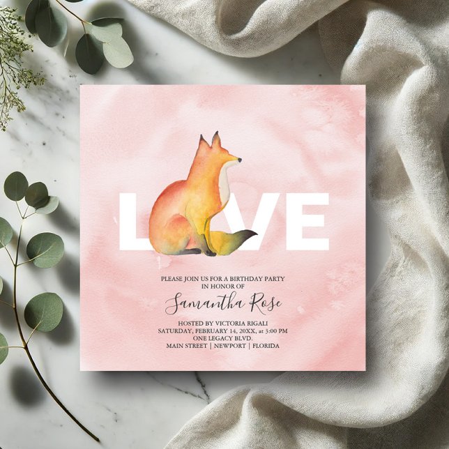 Festa de aniversário Woodcolor Woodland Fox (Valentines birthday invitations watercolor fox art by Victoria Grigaliunas Do Tell A Belle)