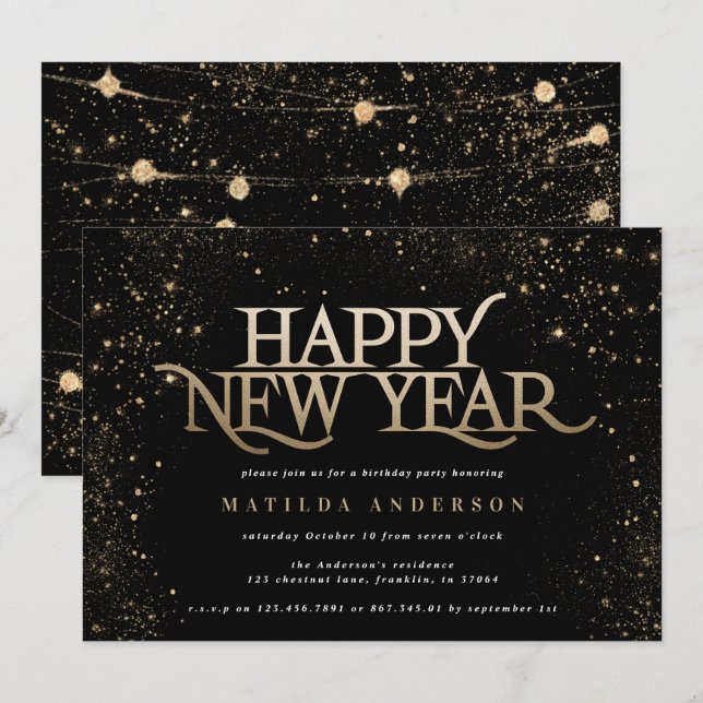 Festa de ano novo com brilho negro Dourado (Frente/Verso)