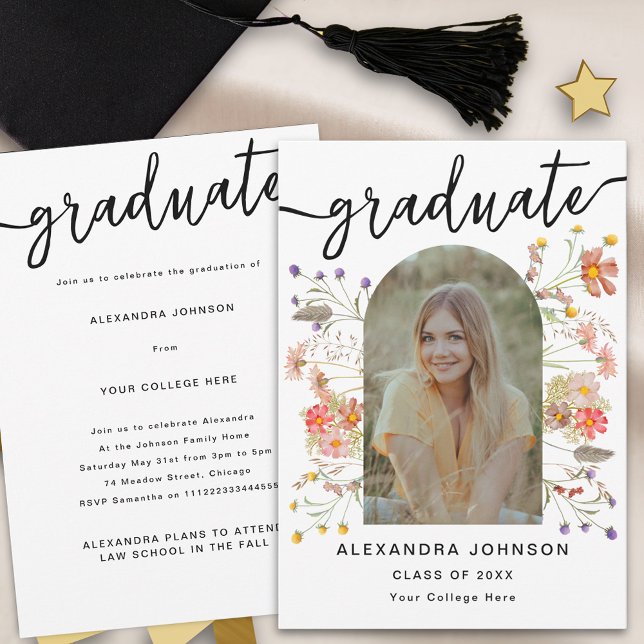 Festa de Anúncio de Formatura com Arranjo Floral d (Modern arch photo script watercolor floral graduation announcement party invitation )