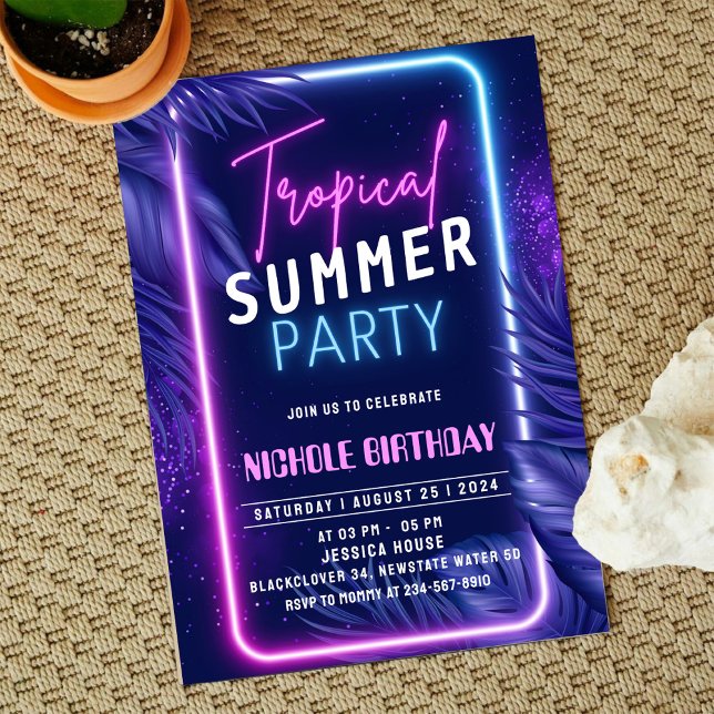 Festa de Convite de Noite Tropical de Verão (Zazzle Night Glow Birthday Invitation Party)
