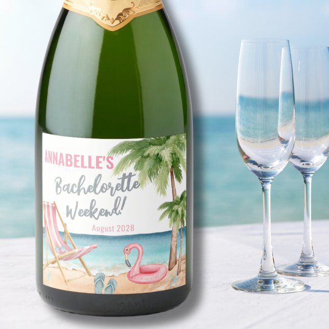 Festa de Despedida de Solteira Colorida na Praia (Watercolor Beach Bachelorette Party Sparkling Wine Label )