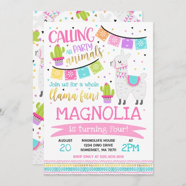 Festa de Diversão do Llama Birthday com Convite à  (Frente/Verso)
