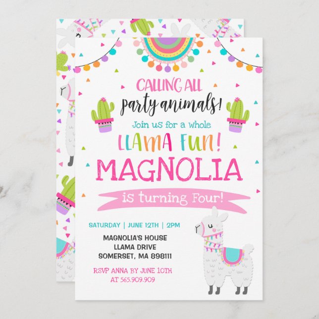 Festa de Diversão do Llama Birthday com Convite à  (Frente/Verso)