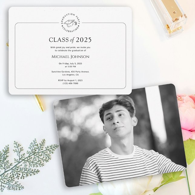 Festa de formatura Convite preto e branco simples (Graduation Party Invitation simple black and white)