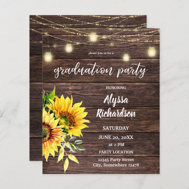 Festa de formatura de girassol, madeira e luzes (Frente/Verso)