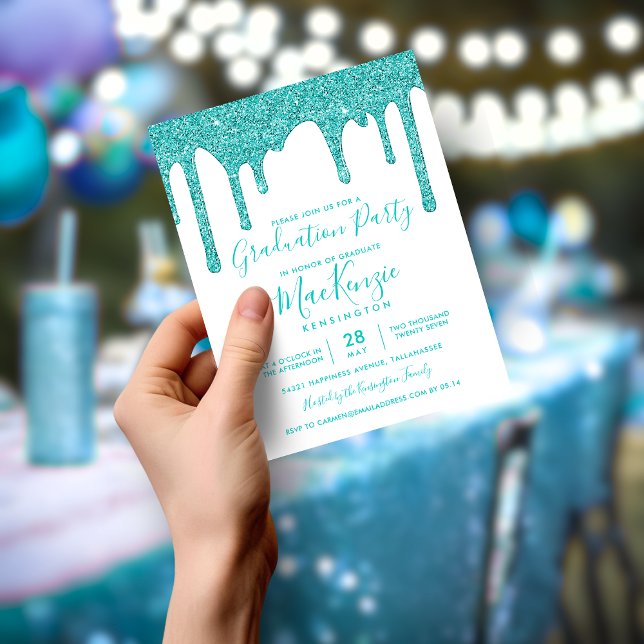 FESTA DE FORMATURA de Glitter de Teal Aqua do BUDG (BUDGET Aqua Teal Glitter Drips Graduation Party Invitation)