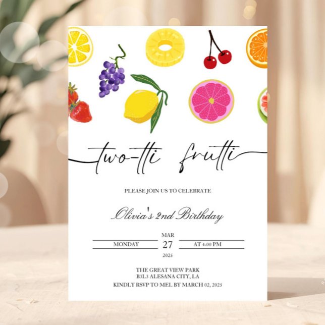 Festa de Fruta de Convite para segundo aniversário (Minimalist 2nd Birthday Invite TWOtti Frutti Second Birthday Invitation Two Twotti fruity Tropical S)