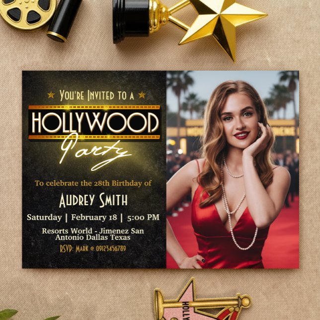 Festa de Hollywood com Convite de Aniversário com  (Hollywood Party with Picture Birthday Invitation)