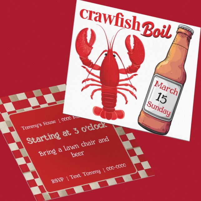 Festa de Lagostins, Cerveja e Mudbugs (Customize the front and back of this cute Crawfish Boil party invitation)