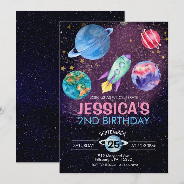 Festa de Menina Rosa Fofa Astronauta Cartão de Ani (Frente/Verso)