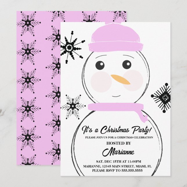 Festa de Natal de Snowman Rosa Scarf Hat Convite (Frente/Verso)