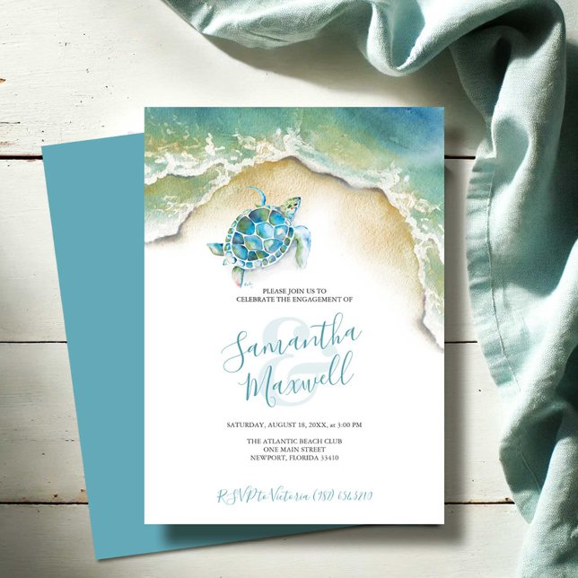 Festa de noivado de Tartaruga Tropical (Engagement party invitations beach wedding watercolor sea turtle art by Victoria Grigaliunas)