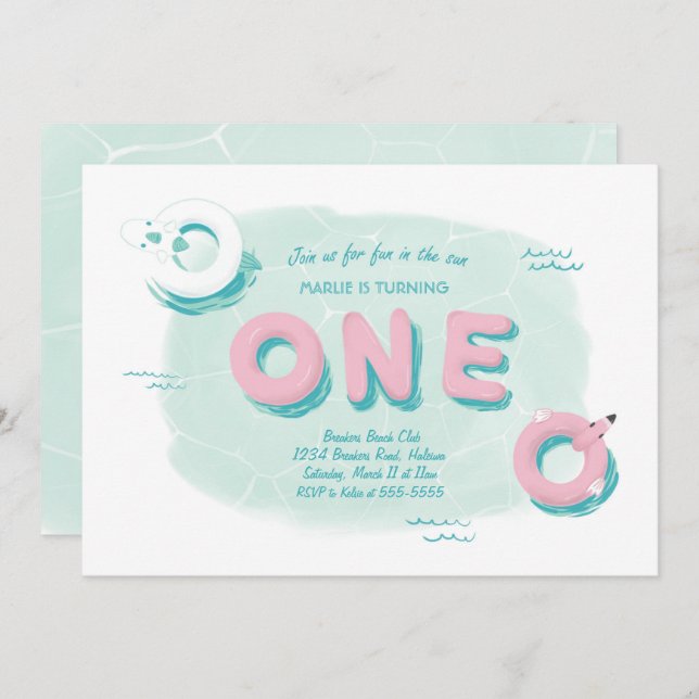 Festa de Piscina Flamingo Primeiro Convite de Aniv (Frente/Verso)