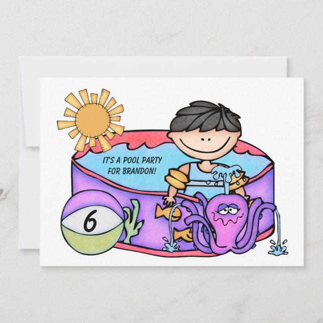 Festa de Piscina Menino Praia Nadando Convite de A (Frente)