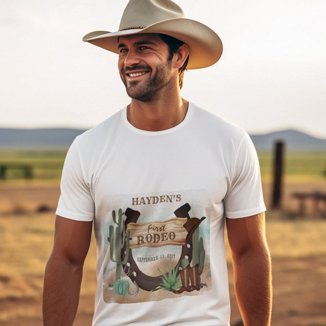 Festa de primeiro aniversario Rodeo Cowboy Ocident (Boy's Rustic Western "First Rodeo" 1st Birthday Party T-Shirt for Dad | Men)