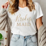 Festa de solteira Dourada de Bridesmaid minimalist<br><div class="desc">Esta camisa minimalista de festa de solteira dourada e tripla é perfeita para uma festa de solteira ou chá de panela divertida. A design romântica moderna apresenta ouro clássico e tipografia branca emparelhada com uma caligrafia rústica, mas elegante, com estilo voltado para a mão. Personalizável em qualquer cor. Mantenha o...</div>