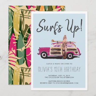 Festa de Surf de Verão Convite de Carro Rosa Vin