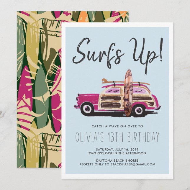 Festa de Surf de Verão | Convite de Carro Rosa Vin (Frente/Verso)