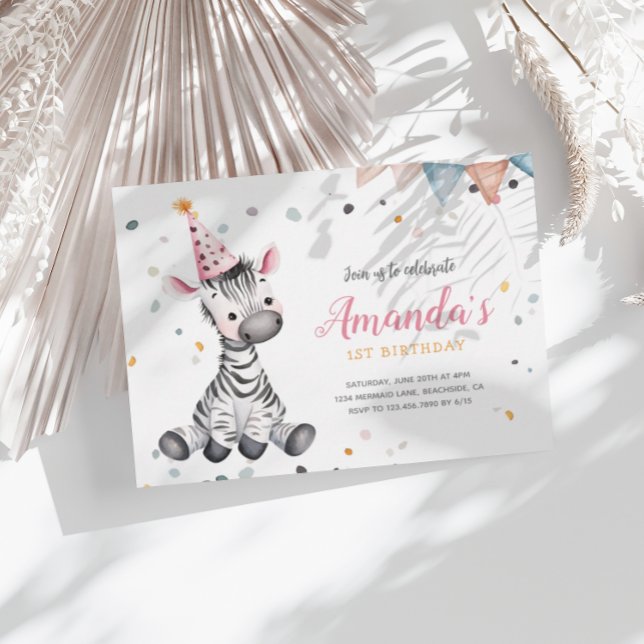 Festa de Zebra - Animais Rosa - Convite de Anivers (Criador carregado)