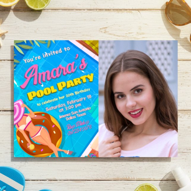 Festa na Piscina - Menina com Convite de Foto (Pool Party Landscape Invitation with Photo)