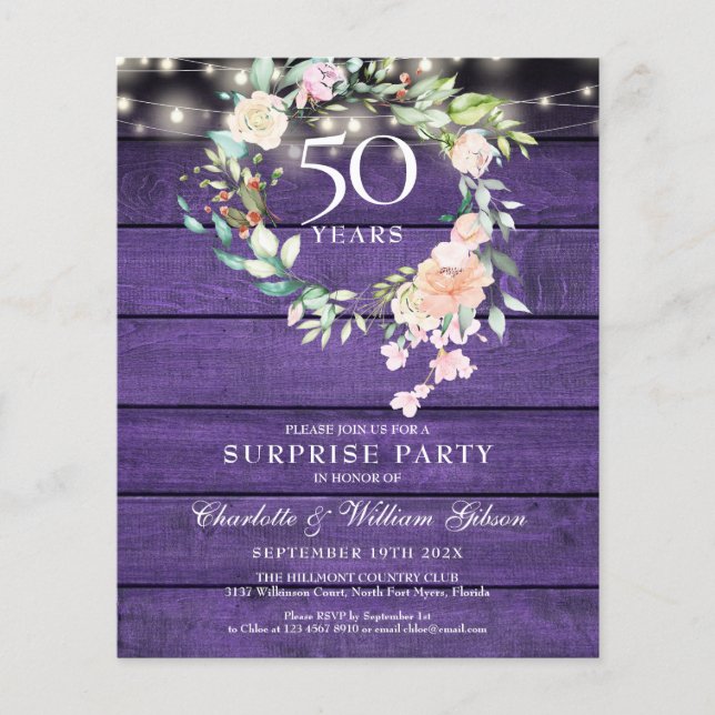 Festa Surpresa de Orçamento 50º Aniversário Rústic (Frente)