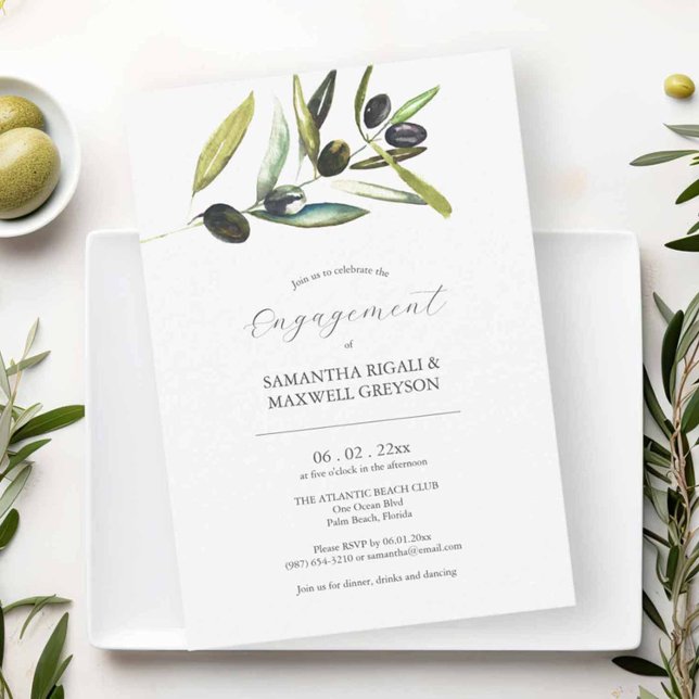 Festas de noivado Convites Olivicultura Botânica (Engagement party invitations features unique watercolor olive branch by Victoria Grigaliuanas)
