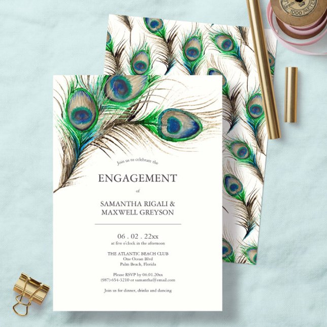 Festas de noivado Convites Pancas de Peacock (Engagement party invitations feature watercolor peacock feathers art by Victoria Grigaliunas)