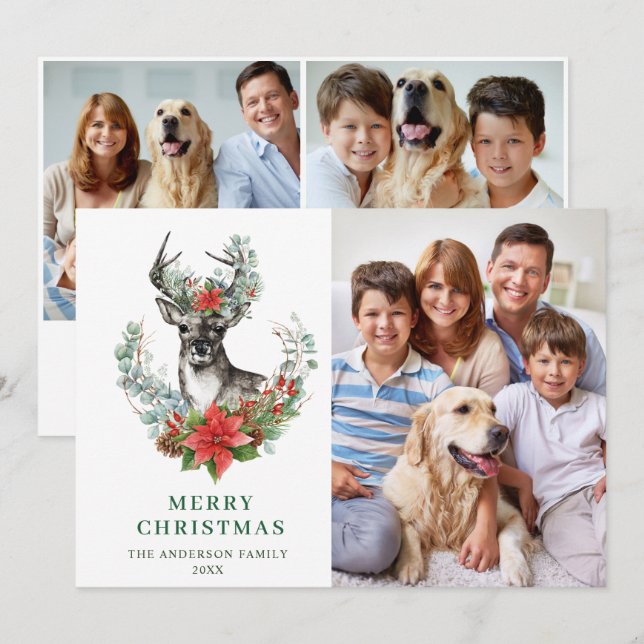 Festividades 3 FOTO Elegante cartão de Natal Veado Poinsettia (Frente/Verso)