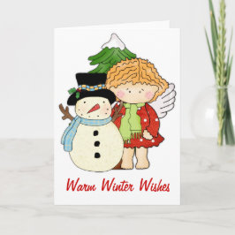 Festividades Anjo com Boneco de Neve Cartão de Desejos de Inver
