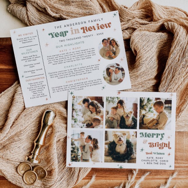 Festividades Ano de Foto em Revisão do Cartão de Férias Boho de (Boho year in review card with seven photos)