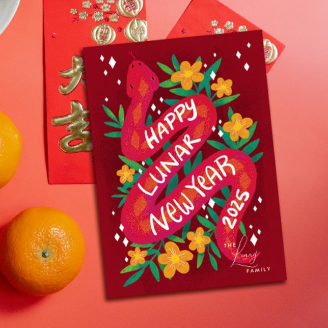 Festividades Ano Vermelho do Cartão de Ano Novo Lunar Cobra (Lunar New Year of the snake illustrated card with family name text)
