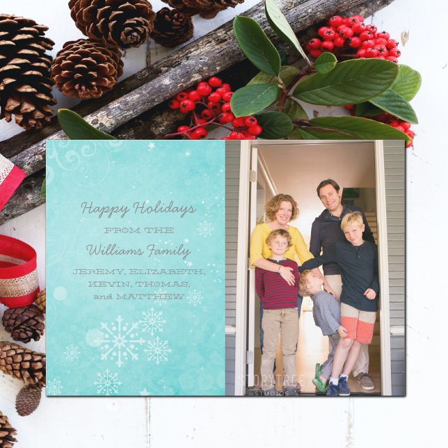 Festividades Aqua Snowflake irls Swirls - Cartão plano de Natal (Aqua Snowflake Swirls Holiday Photo Card)