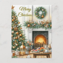 Festividades Árvore de Natal e lareira cartão postal de Natal