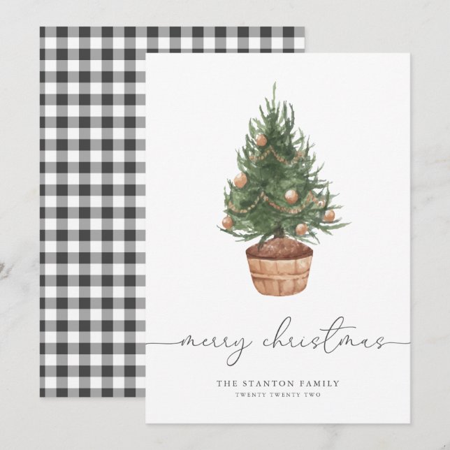 Festividades Árvore Natal Aquarela Gingham | Cartão de férias (Frente/Verso)