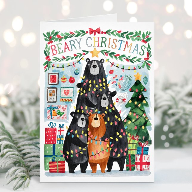 Festividades Beary Christmas Cute Bears Feliz Cartão de Natal (Folded Beary Christmas Bears Christmas Card - Personalize with your greeting and names.)