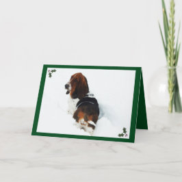 Festividades Belo Basset em Neve no Cartão de Natal com Holly