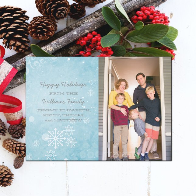 Festividades Blue Snowflake Roda Cartão Plana de Foto Feriado (Blue Snowflake Swirls Holiday Photo Card)