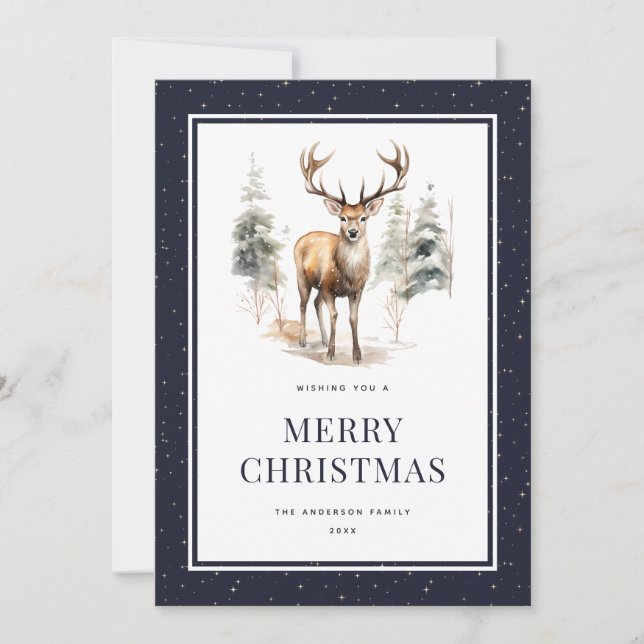 Festividades Blue Starry Night Watercolor Cartão de Natal Merry (Frente)