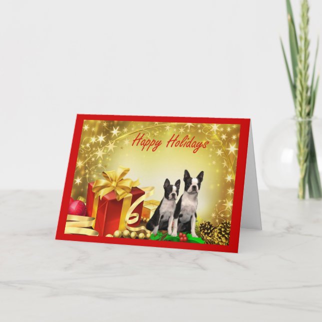 Festividades Boston Terrier Natal dá presente cartão de saudaçã (Frente)