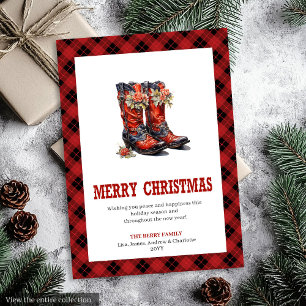 Festividades botas de cowboy em design de cartão de Natal ocide